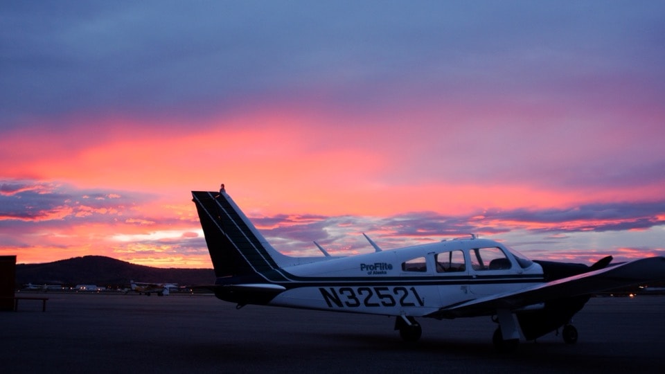 ProFlite of Alaska N32521 Piper on the ramp at Fairbanks International Airport at sunset